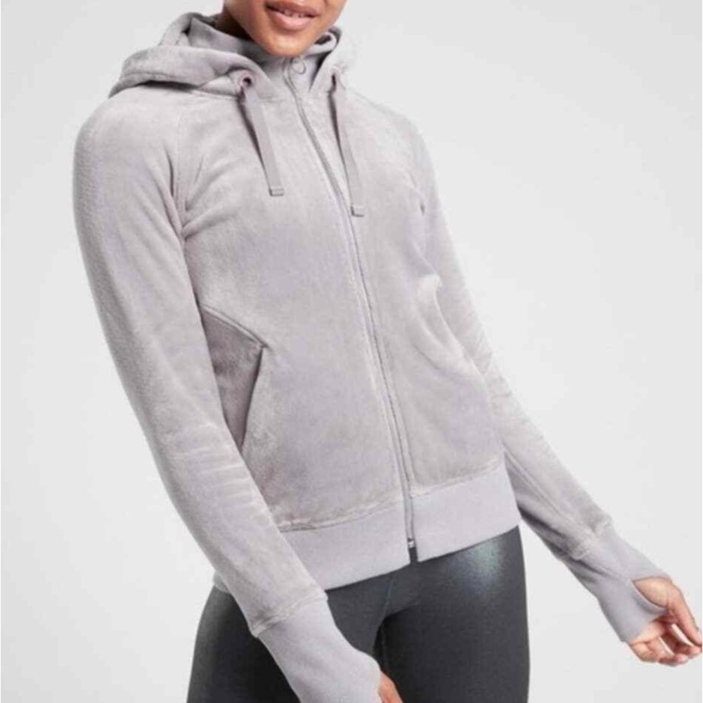 EUC ATHLETA Jacket Womens Gray Velour Triumph Double Cozy Gray Hoodie size M